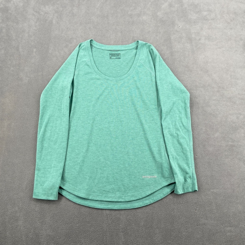 Patagonia Long Sleeve Nine Trails Shirt Women XS Green Logo Scoop Neck Round Hem